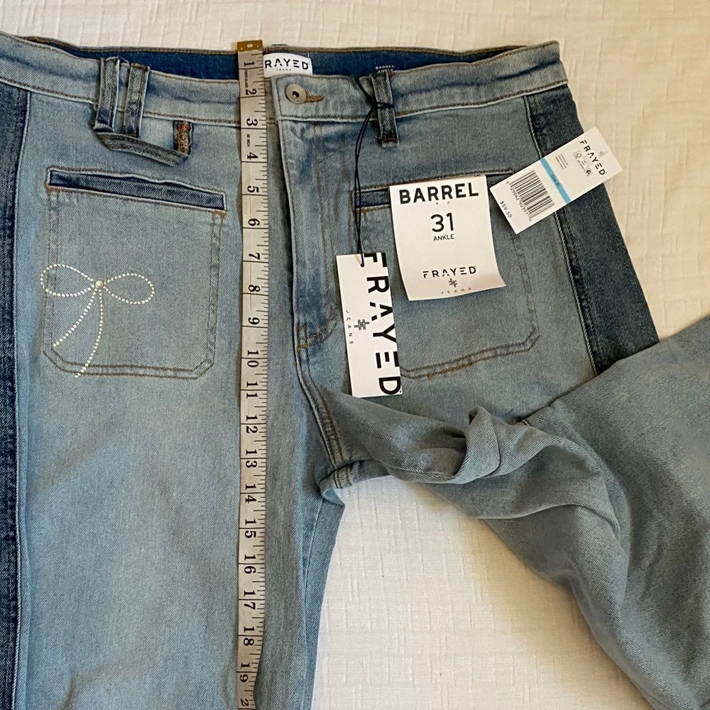 FRAYED Two-Tone Light Blue and Dark Blue Relaxed Barrel  Jeans 99% Cotton